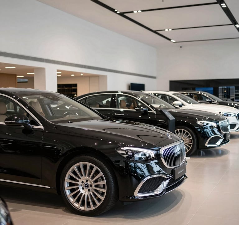 Interior of a luxury car showroom with high ceilings and white walls, several high-end black and silver sedans on display, professional European atmosphere.