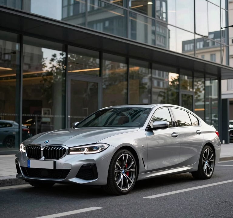 A sleek silver BMW parked in front of a modern glass building in Paris, professional automotive photography, sharp details, luxury lifestyle.