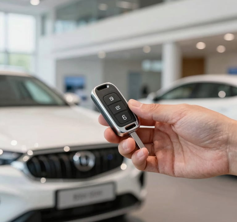 Close-up of a high-end car key being handed over in a bright, modern automotive dealership with white and silver tones, European / French setting.