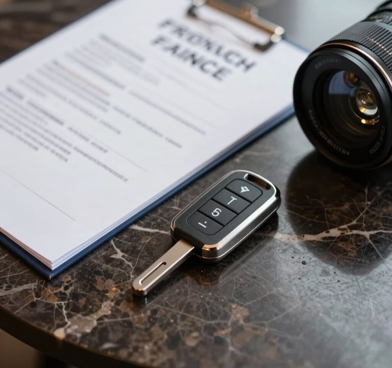 Close-up of luxury car documents and an electronic key on a dark marble table, evoking professional import and export services in a French setting.