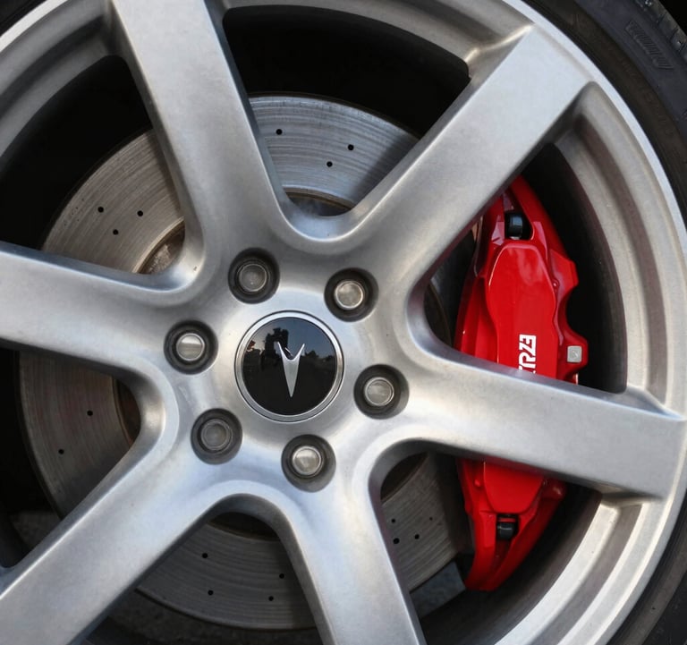 Detailed photography of a premium silver alloy wheel with a red brake caliper, focused on craftsmanship and luxury, outdoor European sunlight.