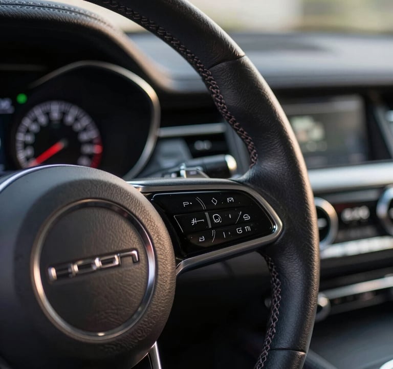 Macro photography of a high-end automobile interior, focusing on the refined leather stitching of the steering wheel and a high-tech dashboard interface, soft natural lighting, European luxury feel.
