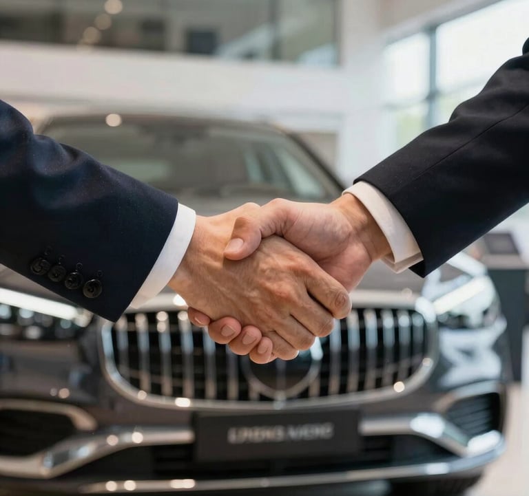 A close-up photograph of a professional handshake in a modern, brightly lit French dealership showroom, with the front grill of a luxury car in the background.
