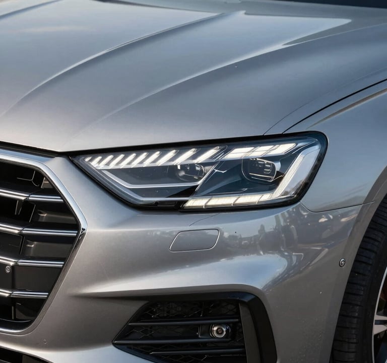 Detailed close-up shot of a modern car's front LED headlight and radiator grille, reflecting silver and chrome details, professional studio lighting, clean and sharp automotive photography.