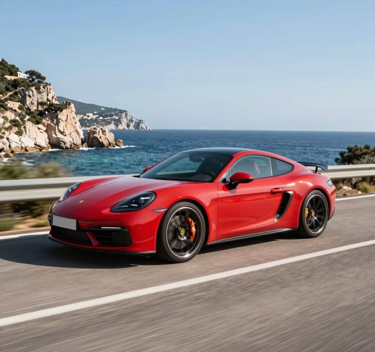 A sporty red car driving along a scenic French Riviera coastal road, dynamic panning shot, sunny day, premium luxury travel.