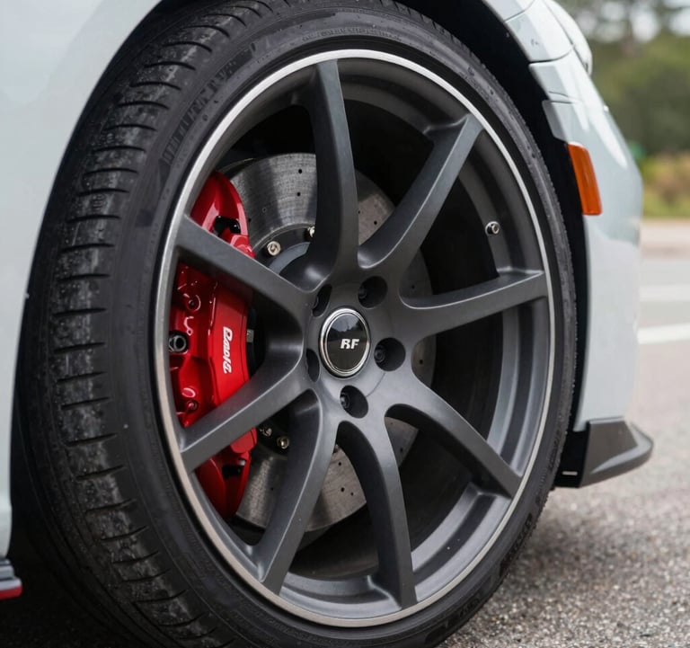 Close-up profile shot of a luxury sports car wheel, featuring red performance brake calipers and dark grey alloy rims, blurred road surface in the background, bright daylight.