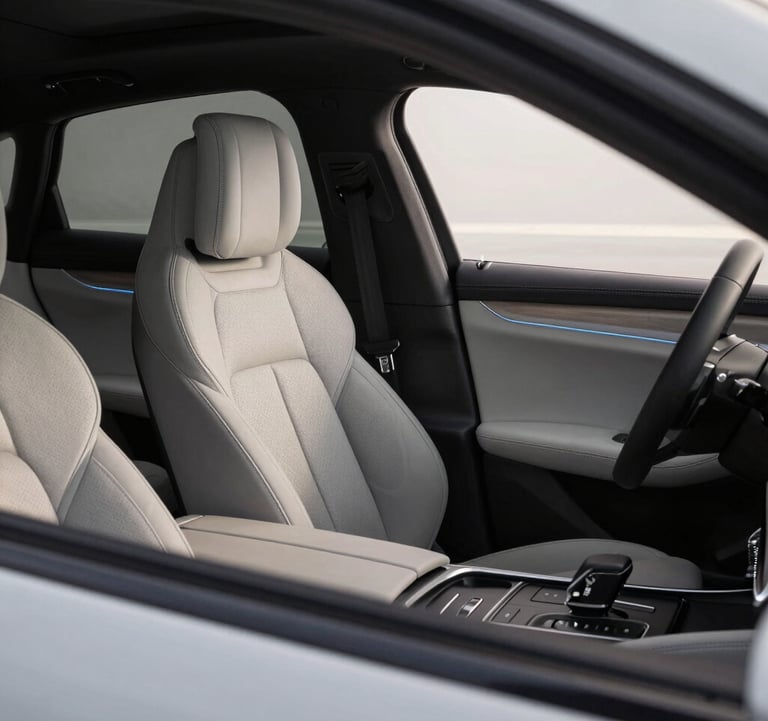 A close-up of a luxurious car interior, premium leather seats, modern dashboard, elegant lighting, professional automotive interior photography.