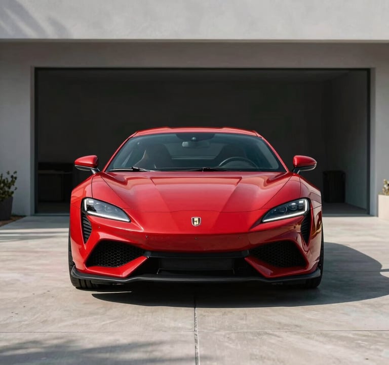 Front grill and logo of a red performance sports car parked in a minimalist modern driveway, clean lines, professional automotive lighting.