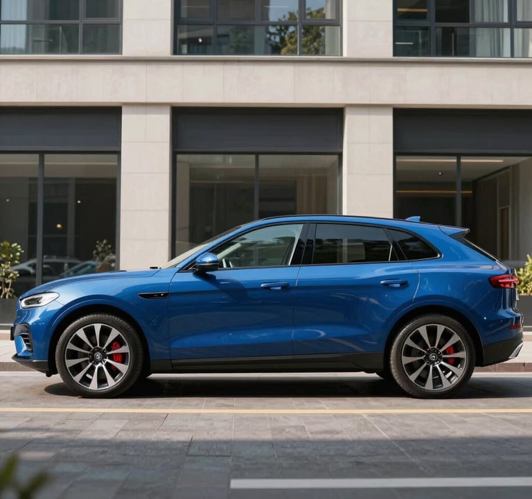 Side profile of a sleek blue luxury SUV parked in a modern urban European architectural setting, daylight, sharp reflections.