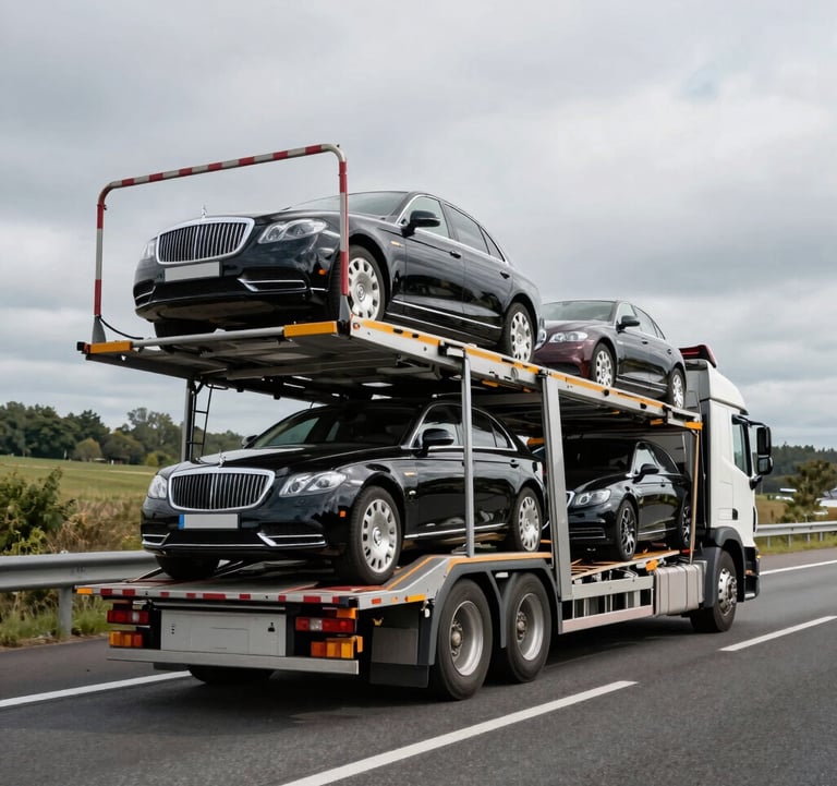 An open car transporter truck carrying several luxury vehicles on a highway, professional logistics and transport theme, European / French landscape.