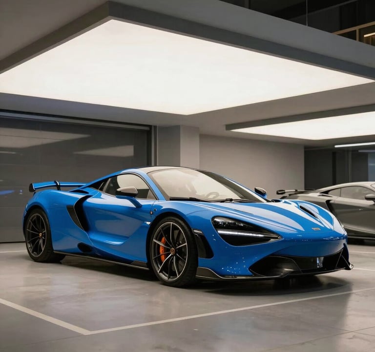 A high-performance blue sports car parked in a luxury garage with architectural lighting. European / French urban context, sleek and modern.