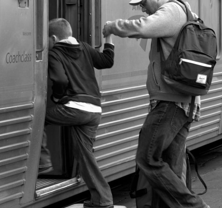 Climbing aboard an Amtrak train 