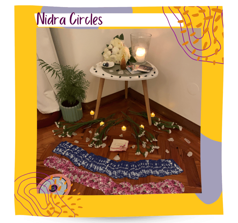 A devotional altar circle of all the elements, oracle and tarot cards. Yoga nidra circles in Lisbon.