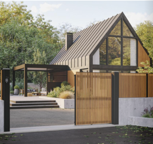 vue d'ensemble d'une entrée de portail moderne en bois et acier avec une maison moderne
