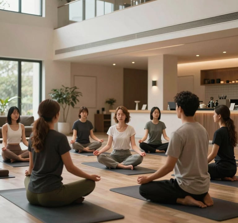 A tranquil meditation and breathwork session indoors, modern elegant architecture, sophisticated and empowering mood, Global / English-speaking individuals achieving holistic balance.
