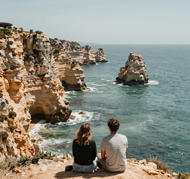A stunning coastal cliff in Portugal, bright sunny day, sophisticated and empowering mood, a Global / English-speaking couple enjoying a transformational travel experience, muted teal blue ocean.
