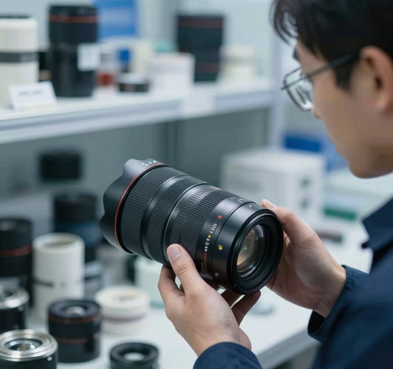 Close-up photography of high-end trade and commerce goods being inspected by a professional in a modern Global / English-speaking logistical setting. The lighting is crisp, highlighting textures and materials with a sophisticated steel blue tone.