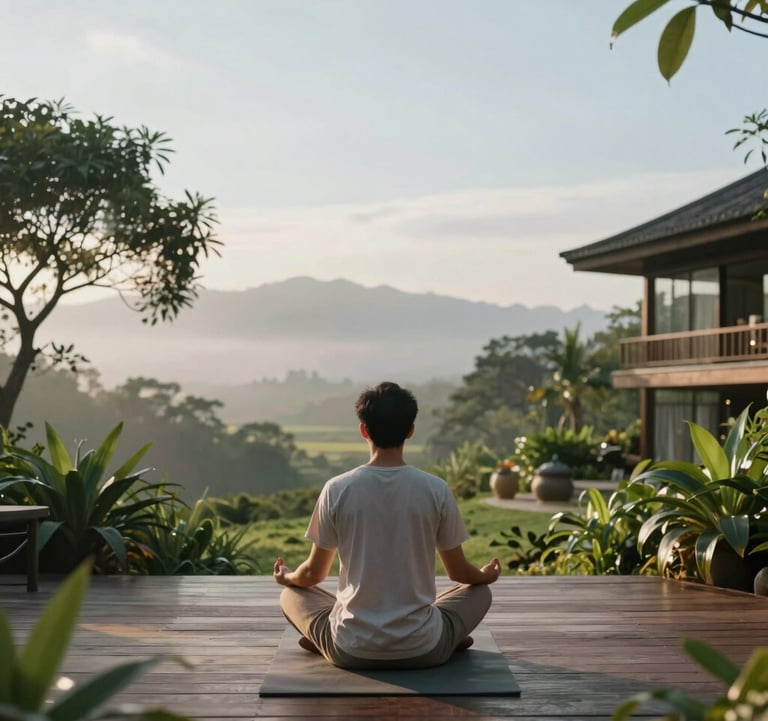 Photography of a serene, luxury wellness retreat setting in a Global / English-speaking environment. A person is seen practicing meditation on a wooden deck surrounded by lush greenery under the soft morning light. The color palette emphasizes pale mist and soft sky blue.