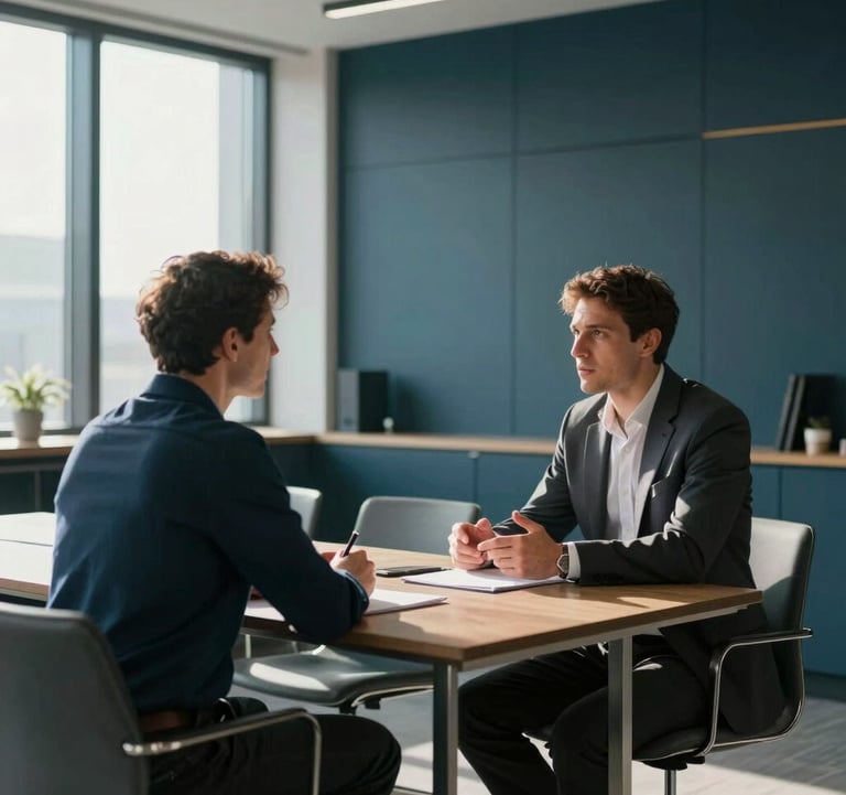 A sharp, professional photograph of a strategic consulting session in a modern, sunlit Global / English-speaking boardroom. Two professionals are engaged in deep conversation, with minimalist furniture and accents of steel blue and dark midnight teal in the background.