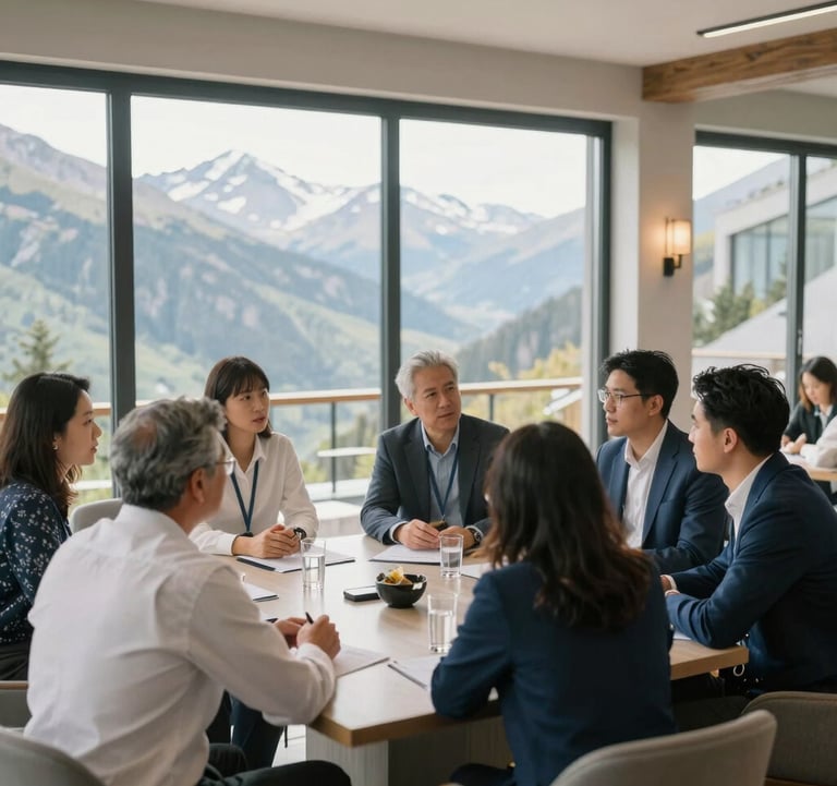 A group of professionals engaged in a strategic discussion during a transformation retreat in a Global / English-speaking luxury mountain lodge. The atmosphere is empowering and focused, with soft natural lighting and a palette of mist white and slate blue.