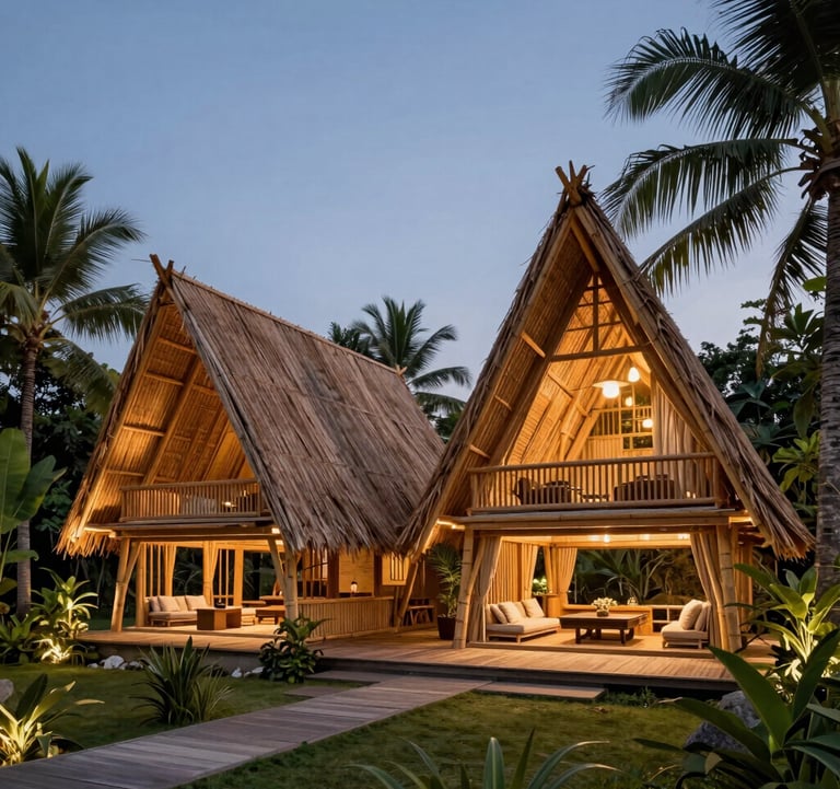 A sophisticated Balinese retreat center featuring sustainable bamboo architecture and lush tropical foliage. The lighting is warm and inviting against a soft slate blue twilight sky. A tranquil and professional atmosphere in a Global / English-speaking destination context.