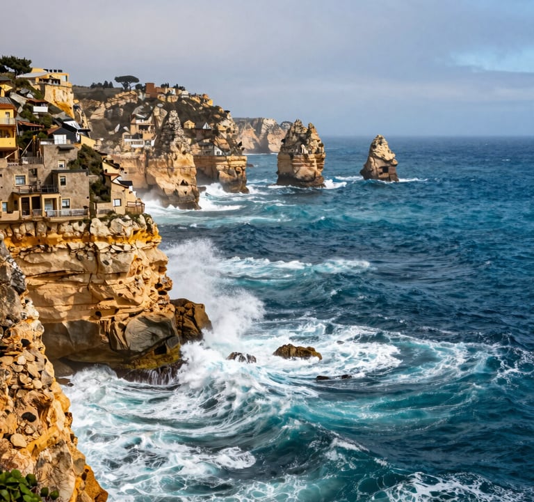 A breathtaking cinematic shot of the rugged Portuguese coastline, where mist white waves crash against golden cliffs. The deep petrol blue of the Atlantic ocean dominates the frame. The style is polished and professional, evoking a sense of premium global travel and retreats.