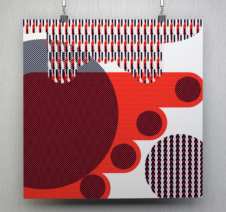 Red white and blue vector digitally illustrated print hanging on wall