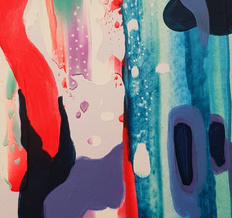Zoomed section of multicoloured acrylic abstract painting called Waterfall by julie featherstone