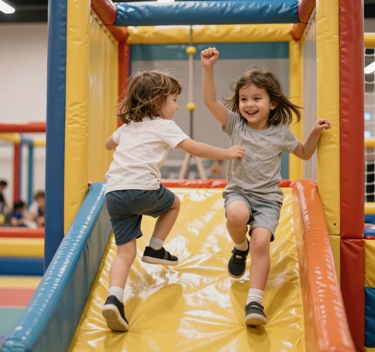 Cheerful children climbing a safe and colorful indoor play structure with soft padding. The lighting is bright and warm, reflecting a friendly atmosphere in a Southeast European recreation center.