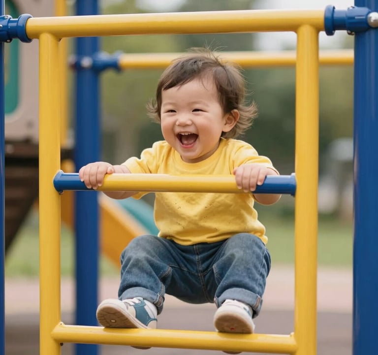 A candid shot of a laughing toddler wearing bright clothes, playing safely on a yellow and blue climbing frame in a sunny outdoor playground, professional photography with soft focus background.