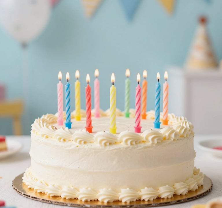 A close-up photograph of a beautifully decorated birthday cake with colorful candles on a table at a children's party, bright off-white and soft blue background, warm and festive Southeast European indoor setting.