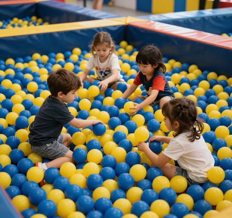 A group of children playing in a large ball pit with deep blue and yellow balls, captured in a candid, joyful moment in a well-lit indoor park.