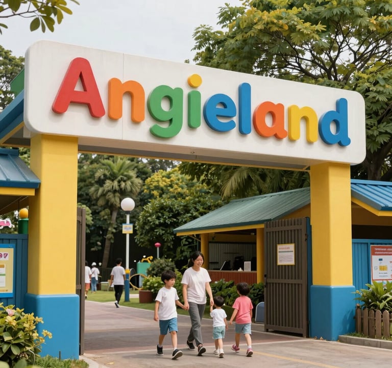 Professional exterior photography of the Angieland park signage and entrance decorated with welcoming bright colors, inviting families in for a fun day.