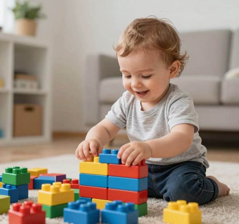 A happy toddler playing with large colorful building blocks in a bright, safe play area, Southeast European / Bulgarian home-like atmosphere.