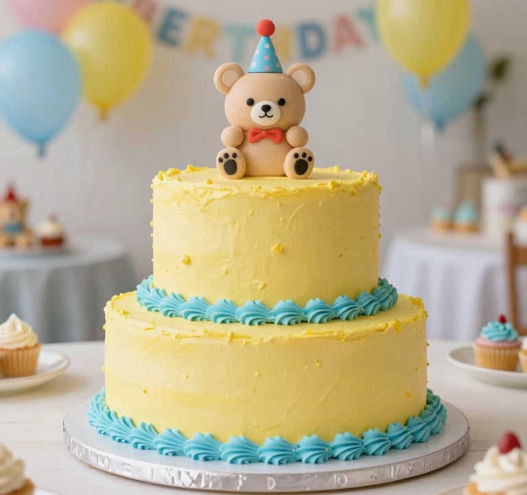 Close-up of a beautifully decorated birthday cake on a party table, featuring bright Yellow and Light Blue icing. The setting is a festive children's party room in Southeast Europe, filled with balloons and soft, inviting light.