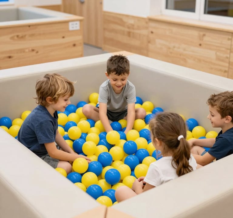 A bright and clear photo of children playing in a safe, soft-ball pit with yellow and blue balls, smiling faces, indoor play area with light wood accents, Southeast European aesthetic.