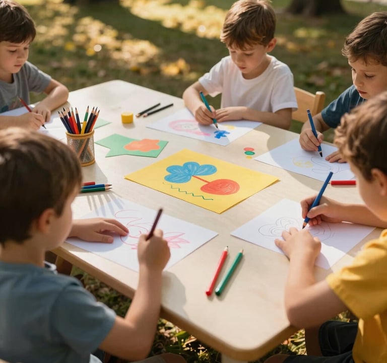 A bright and creative workshop table in a Southeast European park setting. Children's hands are visible working with colorful paper and drawing tools. The scene is lit with warm, imaginative lighting, featuring cream and golden yellow accents.