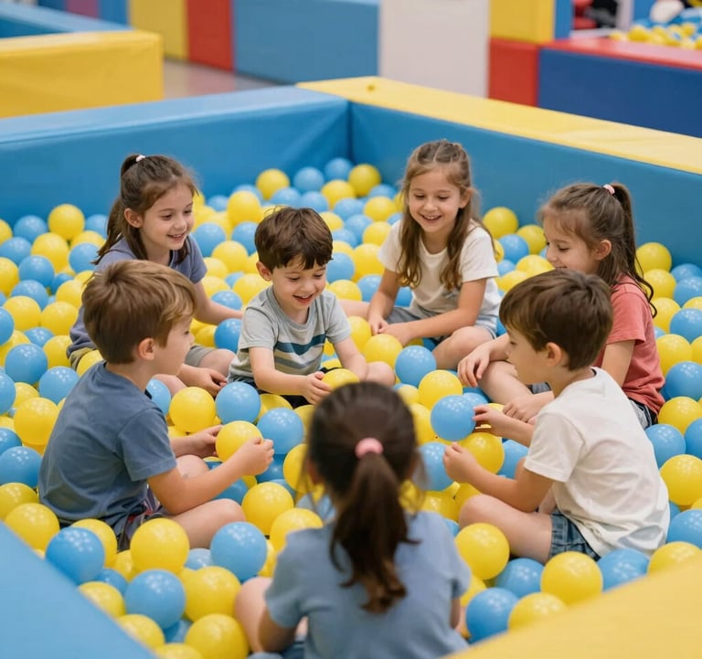 A group of happy children playing in a safe, clean ball pit filled with soft Yellow and Light Blue balls. The lighting is bright and cheerful, reflecting a fun indoor atmosphere in a Southeast European amusement center.