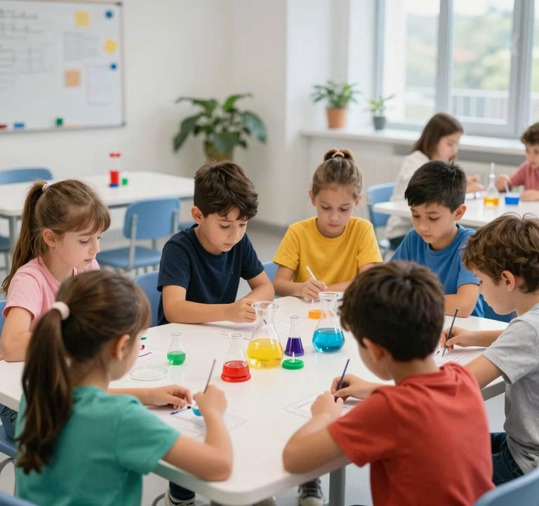 Interactive educational workshop for children with safe, engaging experiments and bright colors in a clean, modern facility, Southeast European setting.