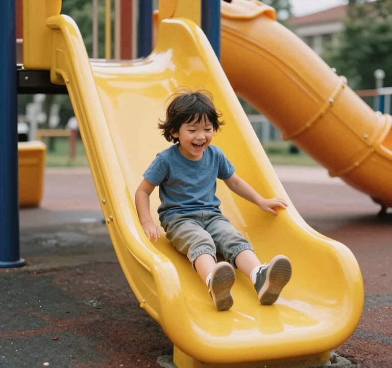 A joyful child laughing while sliding down a bright Yellow slide into a padded landing area. The photo is taken in a modern, well-maintained amusement park in Southeast Europe, highlighting safety and fun under soft morning light.