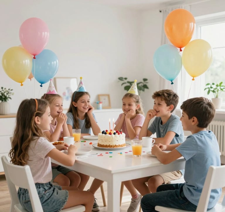 A group of happy kids sitting around a decorated birthday table with a cake, laughter, and colorful balloons in a bright, modern party room in Bulgaria.