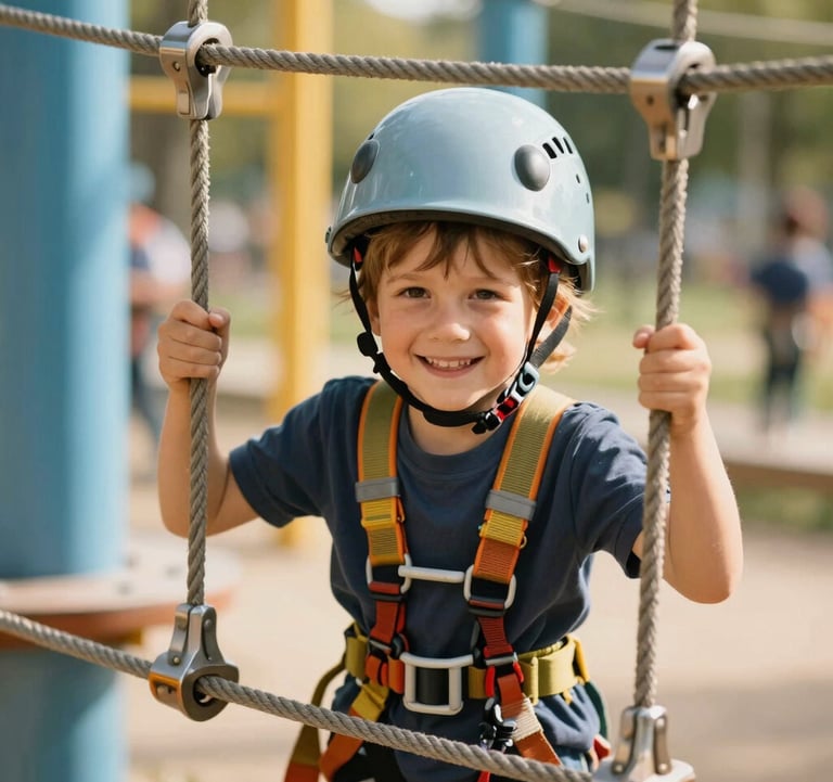 A close-up of a child in a Southeast European setting, wearing a safety helmet and smiling brightly while navigating a low, safe ropes course designed for kids. The background features light blue and golden yellow park elements under soft, warm daylight.