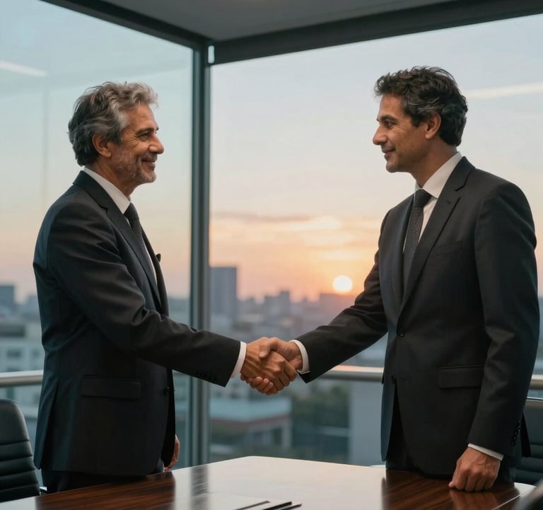 A professional handshake between two partners in a glass-walled boardroom in a South American / Brazilian corporate building. The sunset provides a warm glow against muted teal blue interior accents. The mood is one of reliable partnership and gravitas.