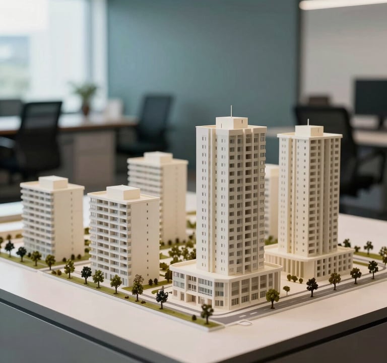 A high-quality architectural scale model of a modern urban housing project on a table in a South American / Brazilian office. The lighting is crisp, highlighting the off-white building models. The background is a soft-focus professional workspace with muted teal blue accents.