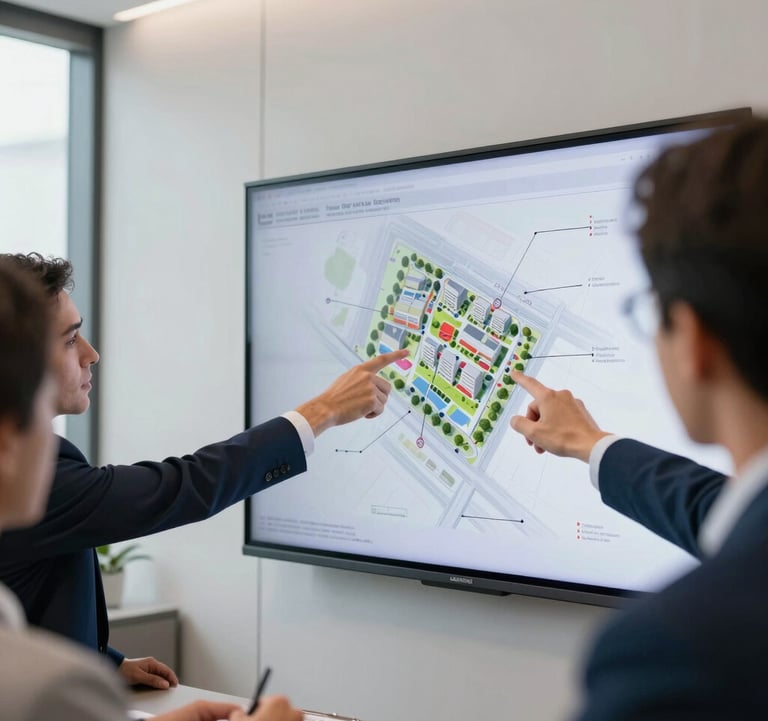 A close-up photograph of a professional meeting in a modern South American / Brazilian office. Hands of executives pointing at a real estate development plan on a large screen. The room features Mist White walls and Muted Slate Blue interior details, reflecting a mood of strategic foresight.