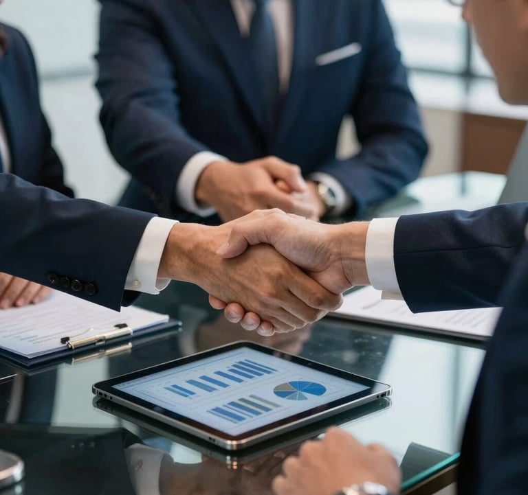 A close-up of a high-stakes business meeting between professionals in a South American / Brazilian executive boardroom. A firm handshake over a glass table with a digital tablet showing sales charts. Sophisticated atmosphere with deep navy blue and muted steel blue color palette.