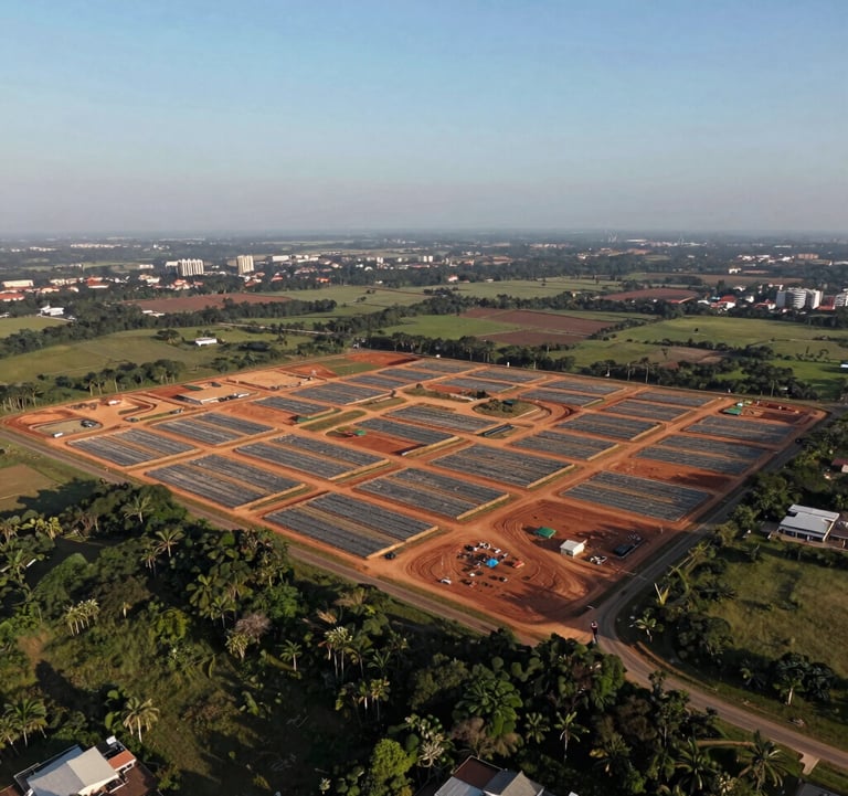 An aerial photography shot of a large land development project in Brazil, clearly showing the structured lot divisions and surrounding greenery, daytime light, Soft Steel Blue sky.