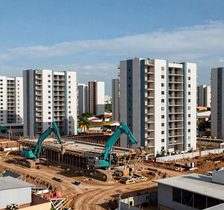 A high-quality photograph of a residential development construction site in a South American / Brazilian metropolitan area, showing modern machinery and structured land, with accents of Slate Teal and Soft Steel Blue in the equipment and sky.