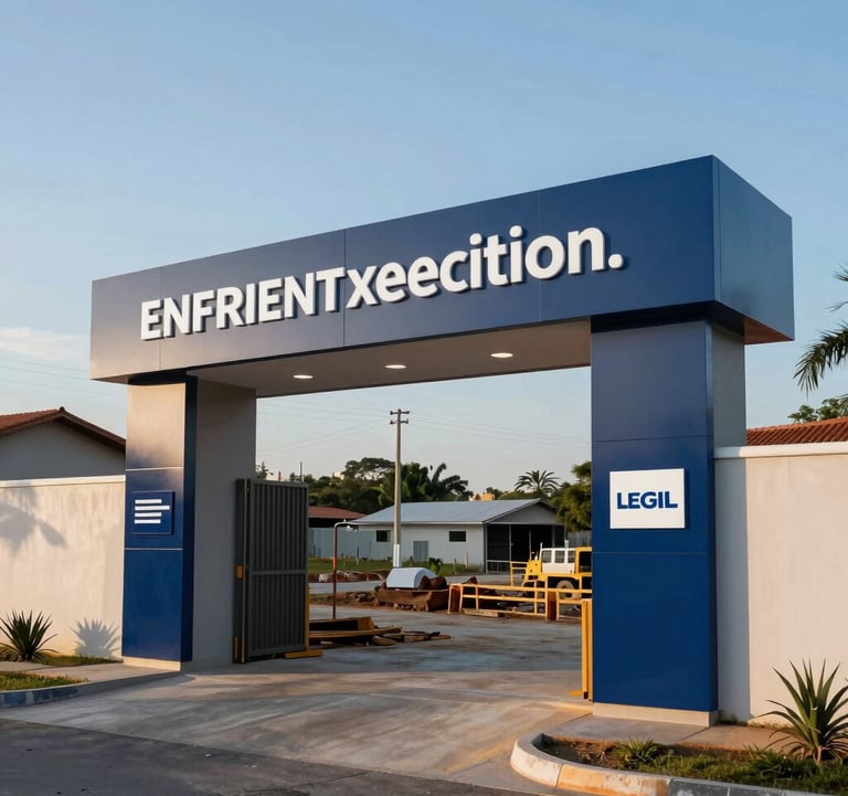 A clean, modern construction site entrance in a South American / Brazilian suburban area. Professional signage with deep navy blue branding is visible. The scene is shot in the morning light with a soft steel blue sky, representing efficient execution.
