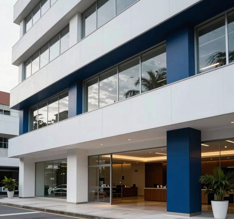 A professional photograph of a modern South American / Brazilian building lobby, emphasizing high-end finishes and professional corporate style, Ice White and Deep Midnight Blue accents.